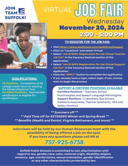 A flyer promoting the SPS Virtual Teacher Job Fair to be held on Wednesday, November 20 from 2pm to 5 pm